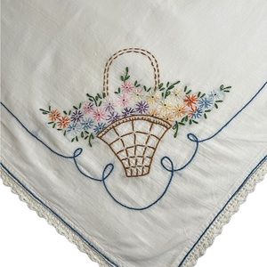 Vintage Lightweight Cotton & Crochet Hand Embroidered Tablecloth With Baskets